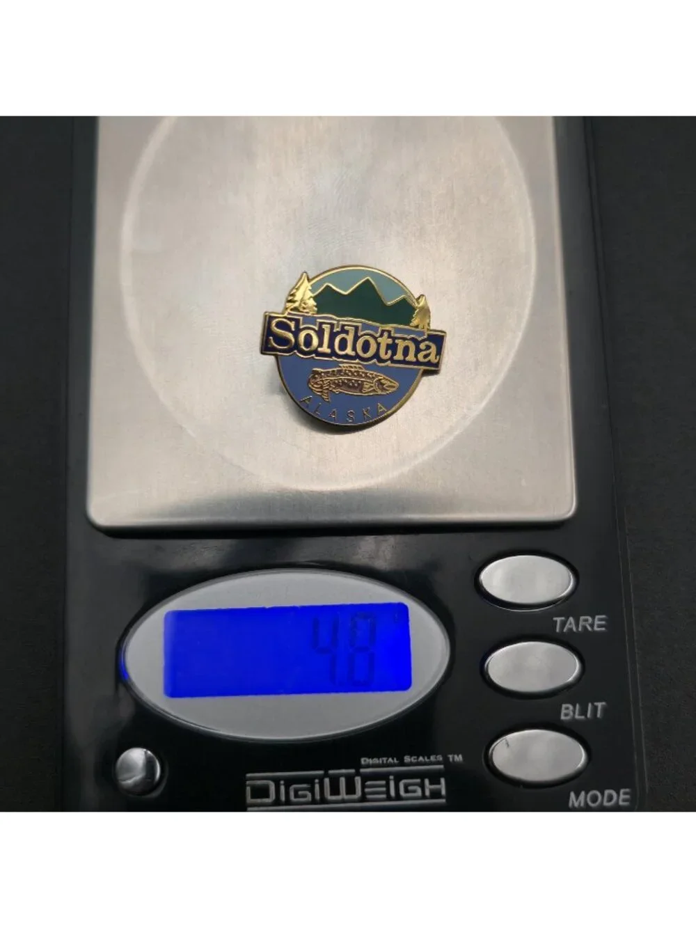 Soldotna Alaska Souvenir - Vintage Enamel Fishing & Mountain Lapel Pin A7384 - Picture 6 of 6